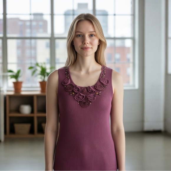 Ruby Rd Ribbed Sleeveless Tank Top, Floral Embellishments, Color Plum, Size PXL - Picture 10 of 10